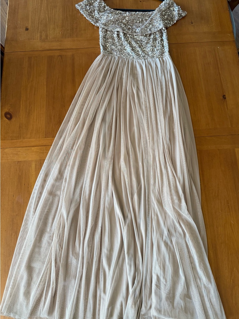 Sequin Off-Shoulder Maxi Dress in Light Champagne